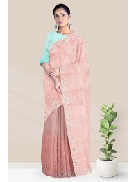 Shimmer Chiffon Embroidery Peach And Sky Blue Saree