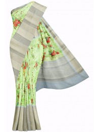 Kalanjali Silk Floral Digital Print Parrot Green And Ash Saree