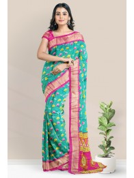 Vama Silk Floral Print Rama Green And Pink Saree