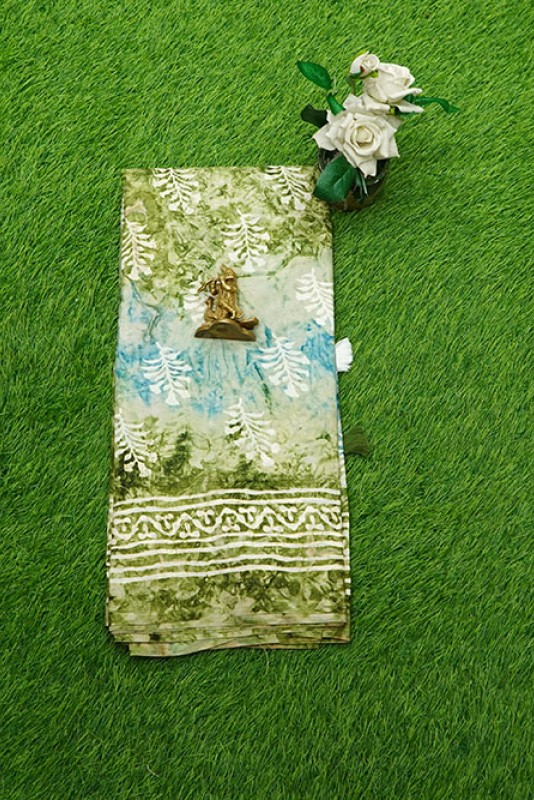 Vama Silk Batik Print Green And Sky Blue Mix Saree