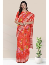 Chanderi Floral Printed Bright Red Saree