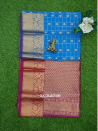 Kanchi Seico Checks Flower Butta Coppersulphate Blue And Pink Saree