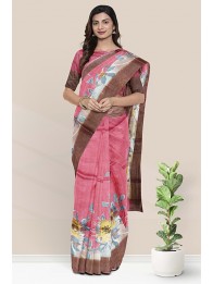 Pure Tussur Silk Floral Print Tomato Red Saree