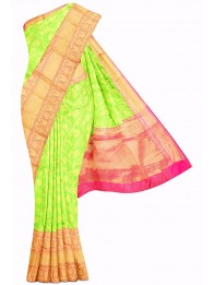 Fancy Silk Gold Zari Green And Pink Saree